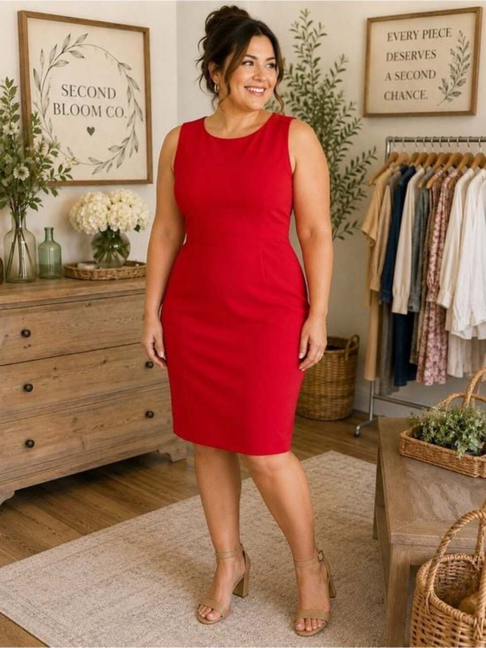 Title: Calvin Klein Red Sleeveless Sheath Dress Size 14 Gold Zip